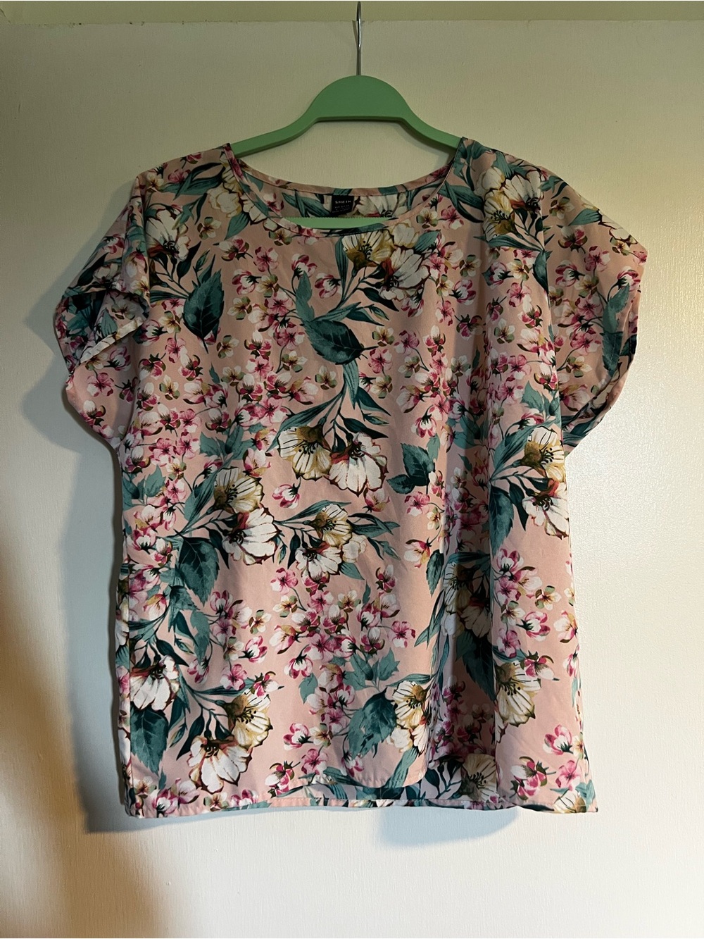 SHEIN Pink Floral Short Sleeve Blouse with Green Leaf Print